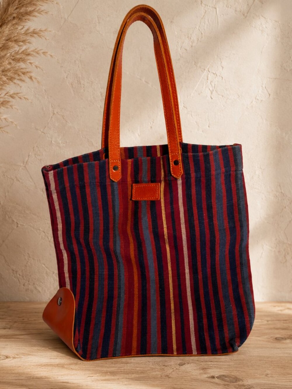 Sop Moei Arts Woven Fabric & Leather Tote Bag Striped Handcrafted Boho